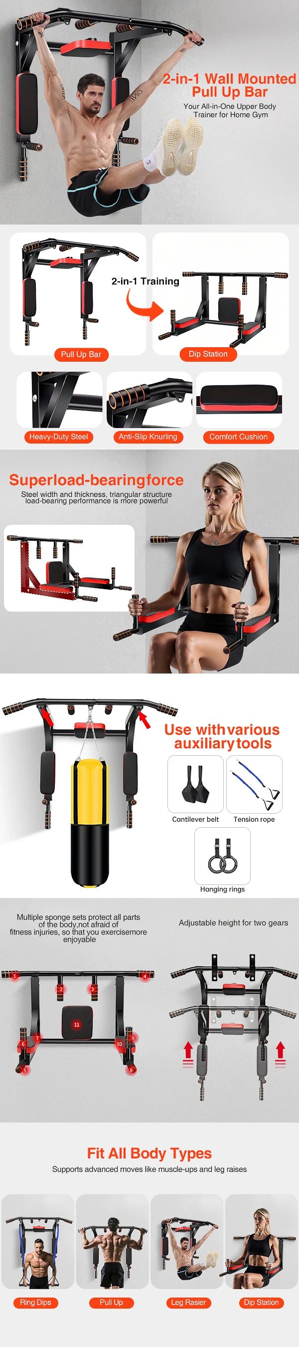 Multifunctional wall-mounted pull-up bar, the upward pull-up bar is used for indoor home gym workouts, pull-up fitness support.